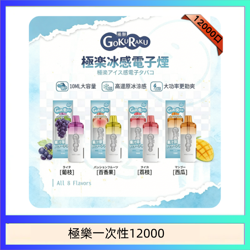 極樂一次性12000 【8種口味】極楽 12000口一次性電子煙|超大容量 |口感絲滑|新品